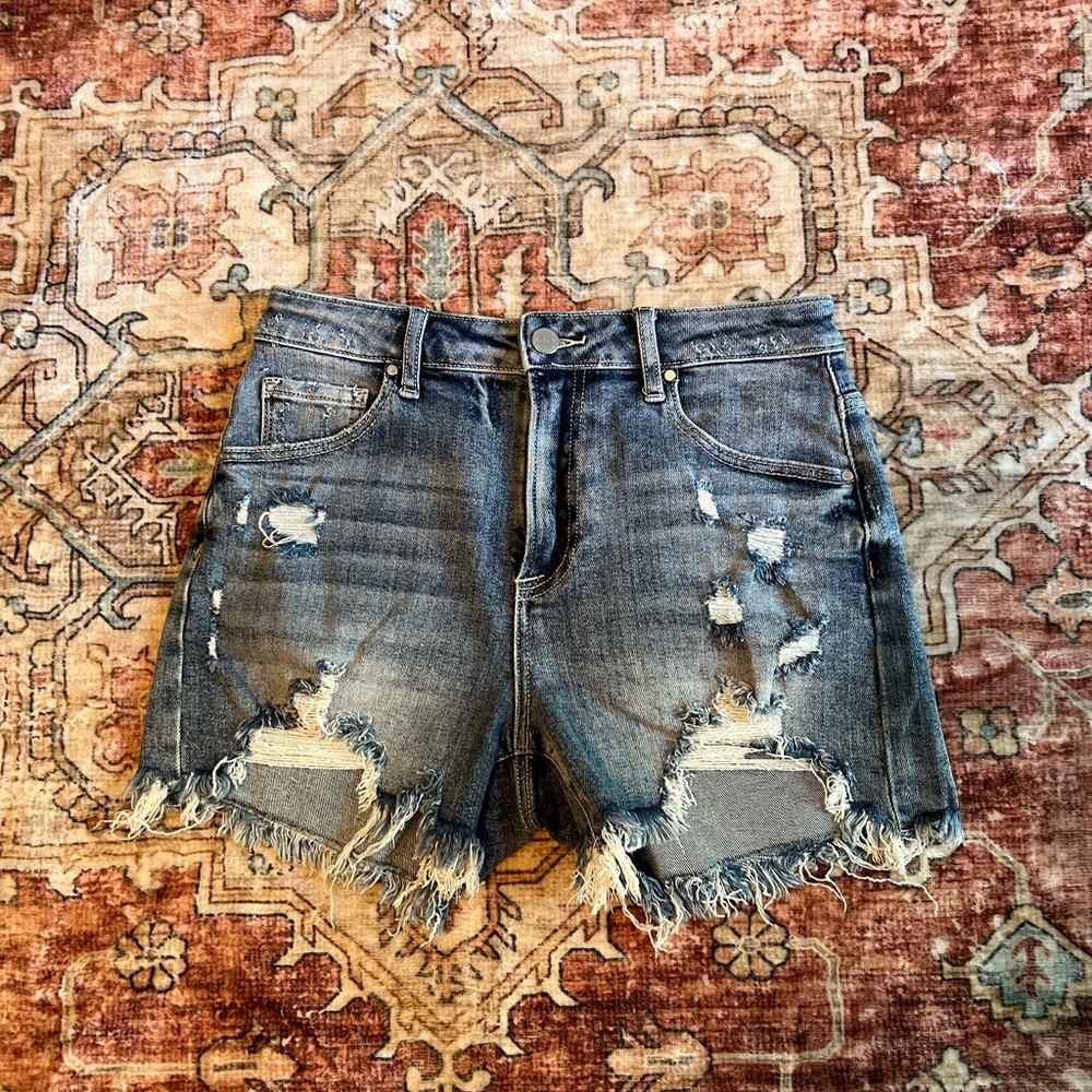 Risen Blue Jean Shorts with Frayed Hem and Distressed Look